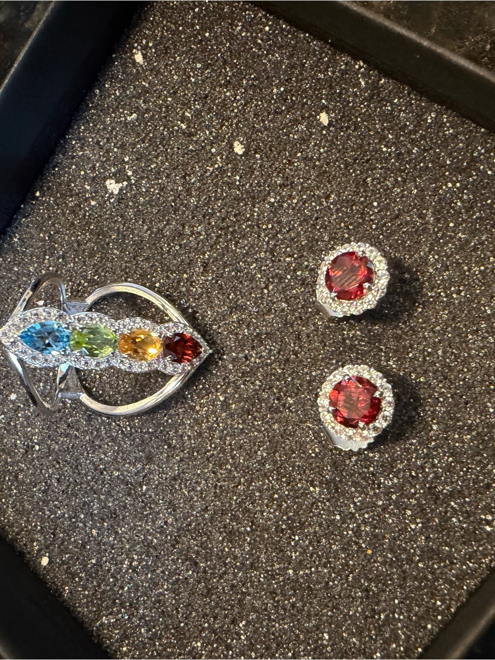 JTV Multi-Gem Sterling Silver Ring with Red Crystal Halo Stud Earrings